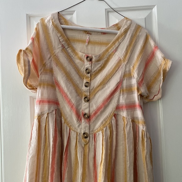Free People Mini Robe Claire Dress Small NWOT Cream, Coral, Yellow strip… - Picture 2 of 8